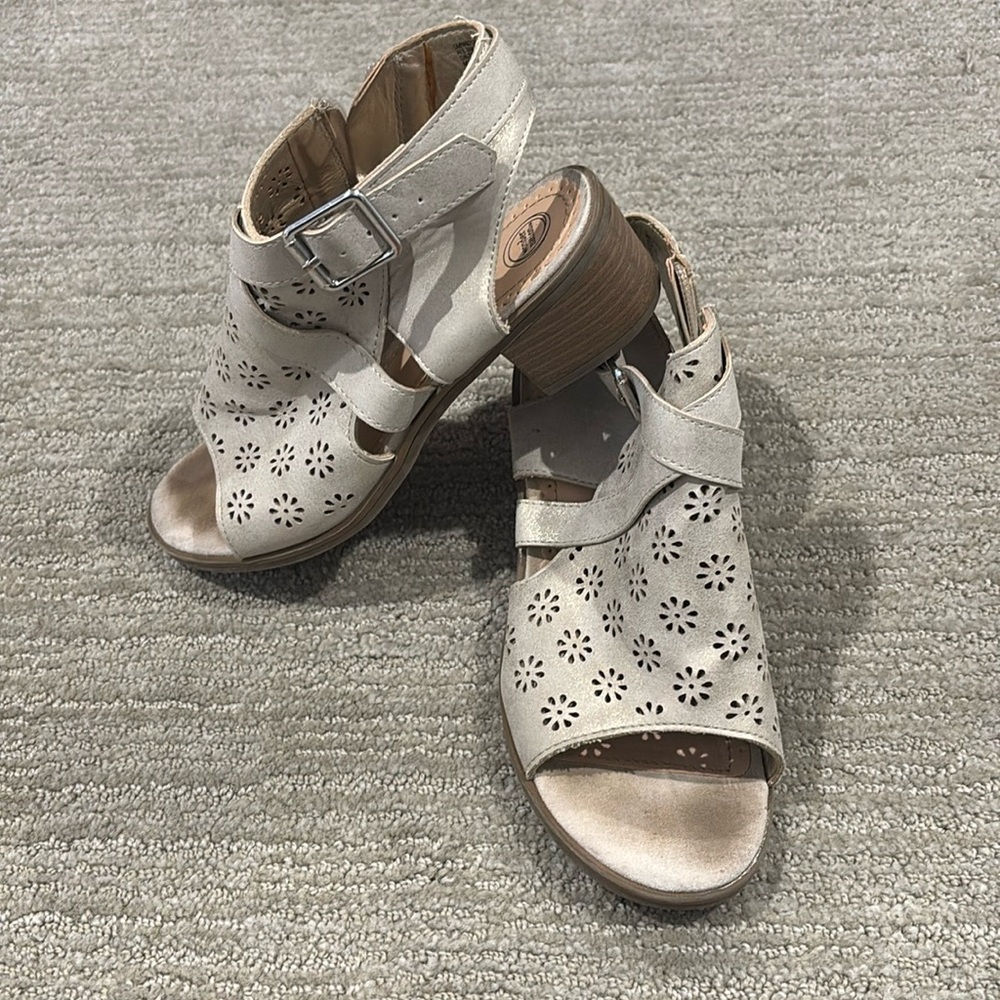 Subtle sparkle open toe heel with zip side